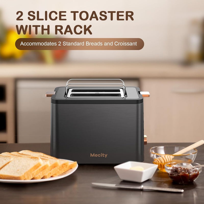 Mecity Toaster 2 Slice Stainless Steel Body Timer, Bagel/Defrost/Reheat/Cancel Functions,Warming Rack, Removable Tray, 6 Browning Settings, Extra Wide Slots, Bread Toaster, 120V 800W Grey - Image 2
